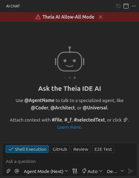 A screenshot of the Theia AI Allow-All Mode Banner in the AI Chat