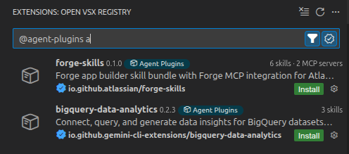 Agent Plugin entries in the Extensions view of the Theia IDE
