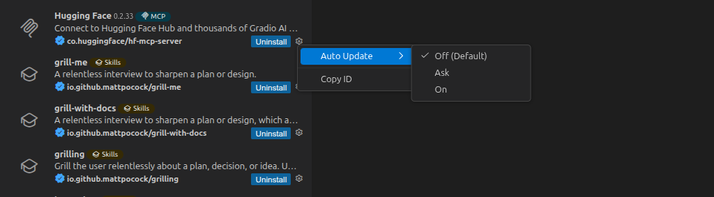Auto Update submenu on a registry entry in the Extensions view