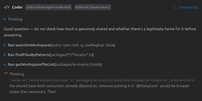 Live preview of a reasoning model's thinking in the AI Chat of the Theia IDE
