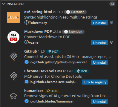 Extensions view showing AI Registry MCP Server and Skill entries with type badges alongside Open VSX extensions