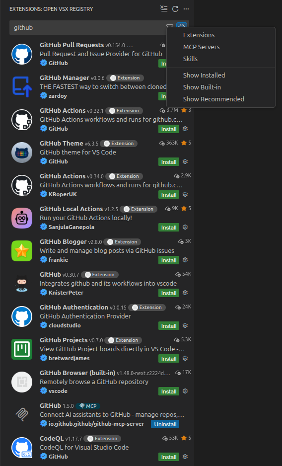 Extensions view filter menu allowing results to be narrowed by type