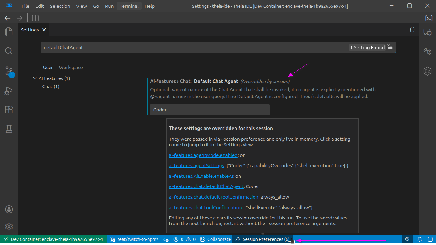 A screenshot of the Theia IDE with overridden session preferences
