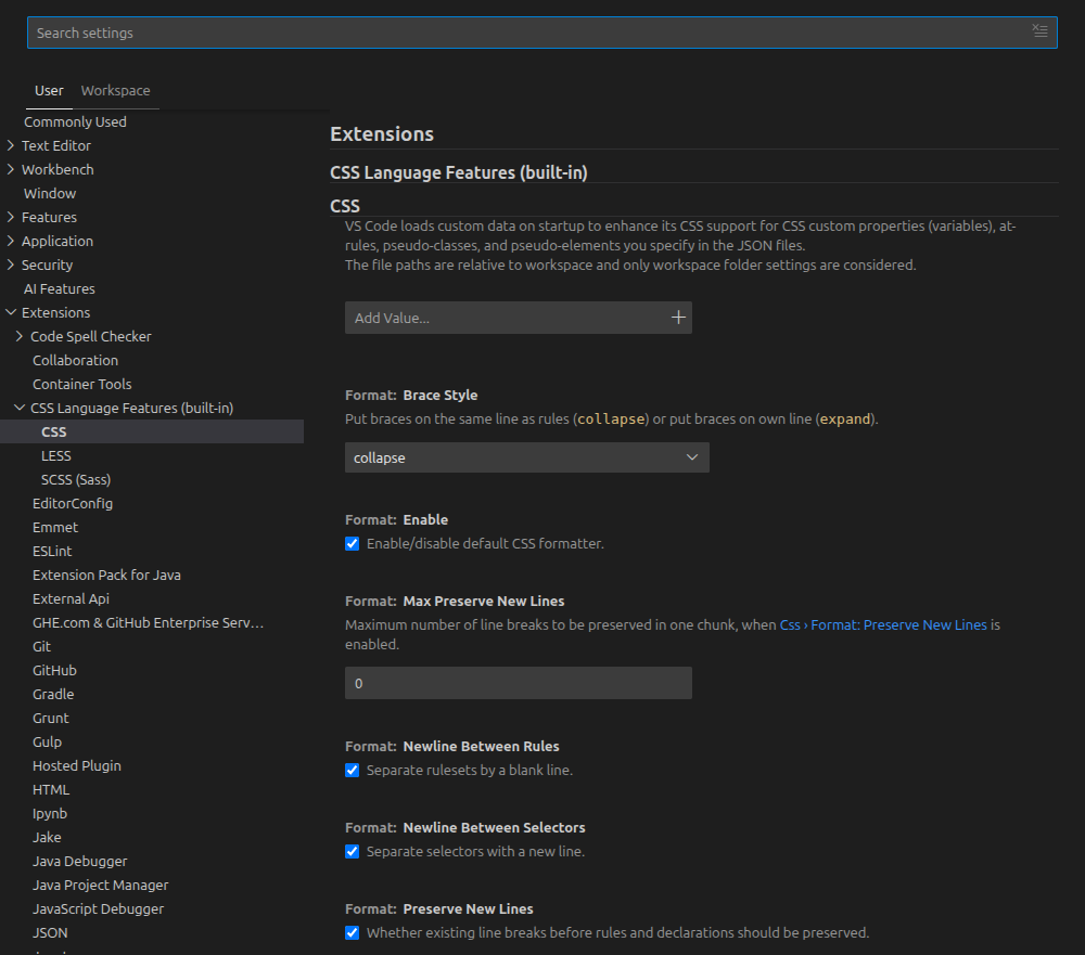 Settings UI with a nested category selected in the Theia IDE