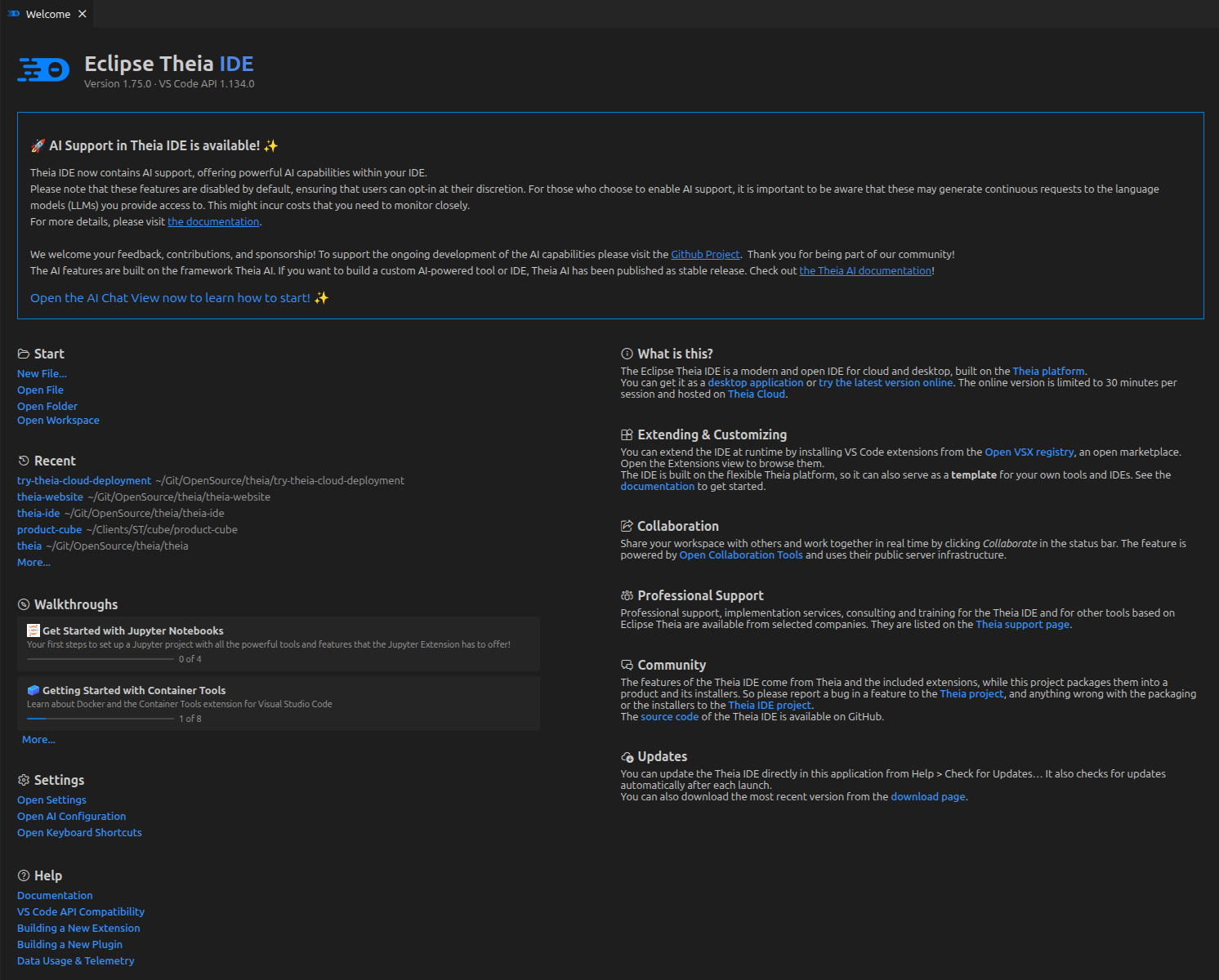 Welcome page listing available walkthroughs