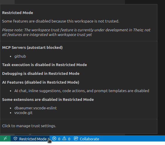 Workspace Trust Restricted Mode Indicator in the Theia IDE
